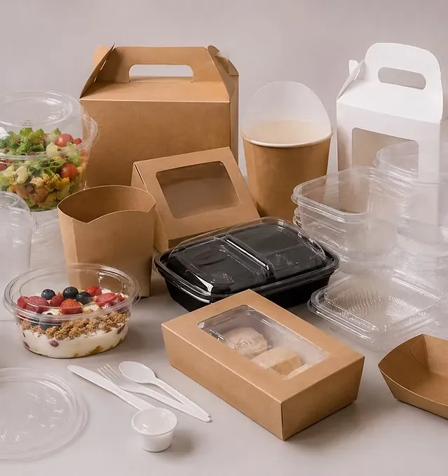 Gamme de barquettes, boîtes kraft et gobelets pour la vente à emporter
